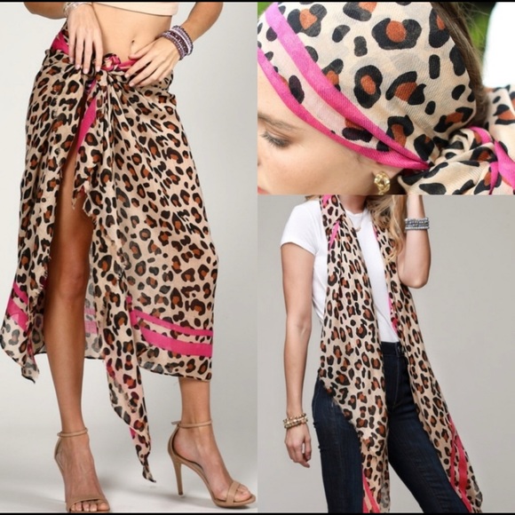 New Leopard Print Scarf/Sarong Red or Pink Stripe - Picture 2 of 2